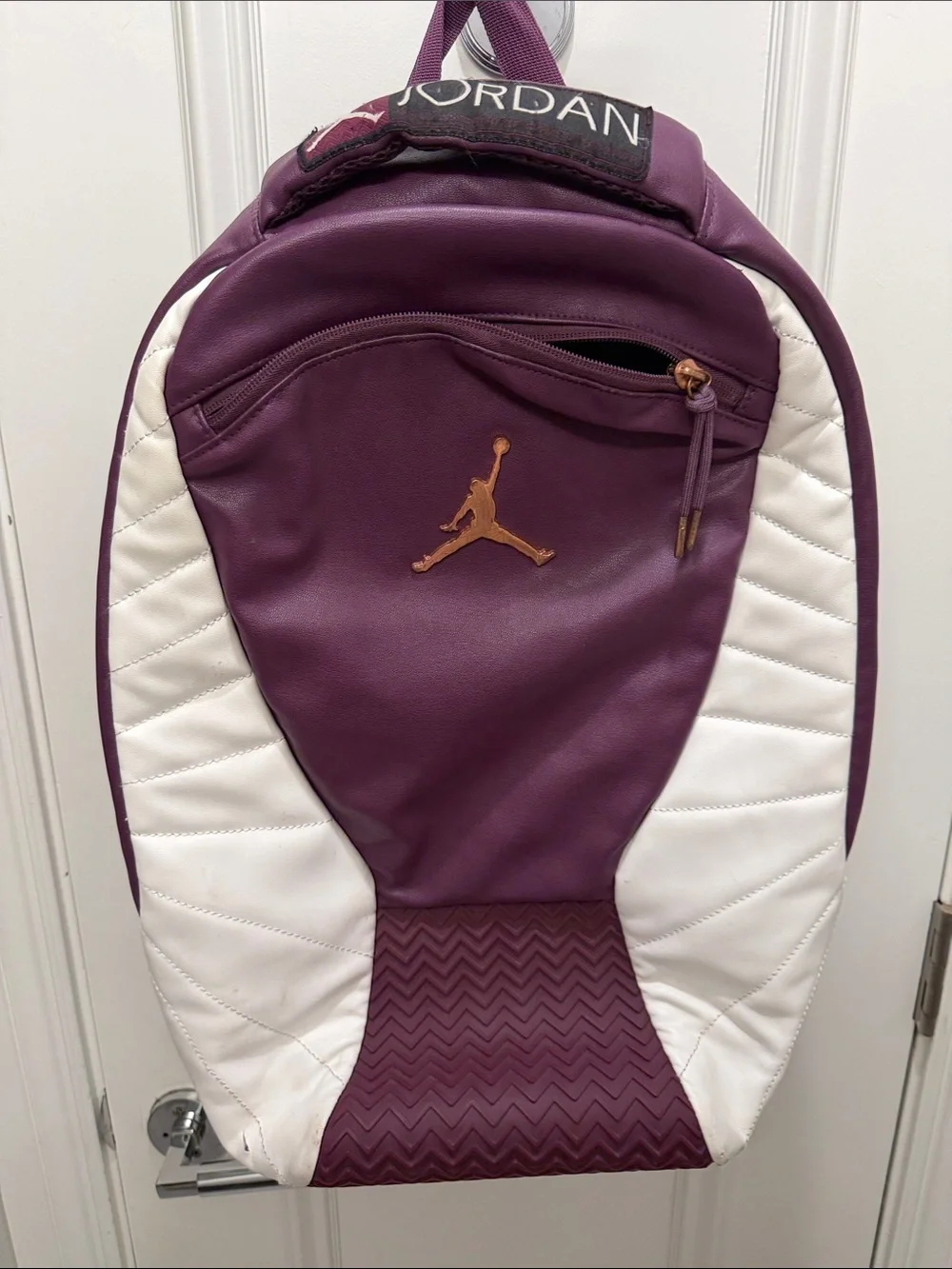 Jordan Plum and White Leather Backpack with Gold Jumpman